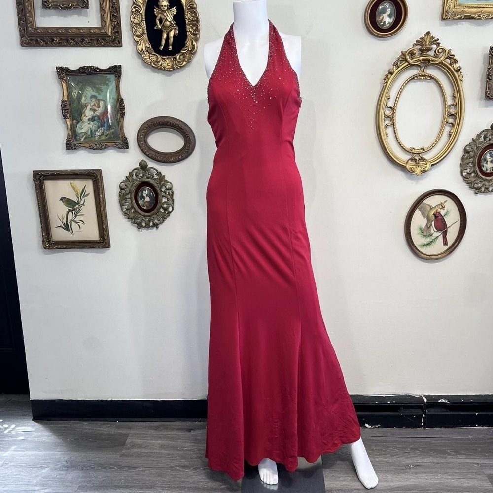 Niki Red Beaded Halter Neck Evening Gown - Size 4